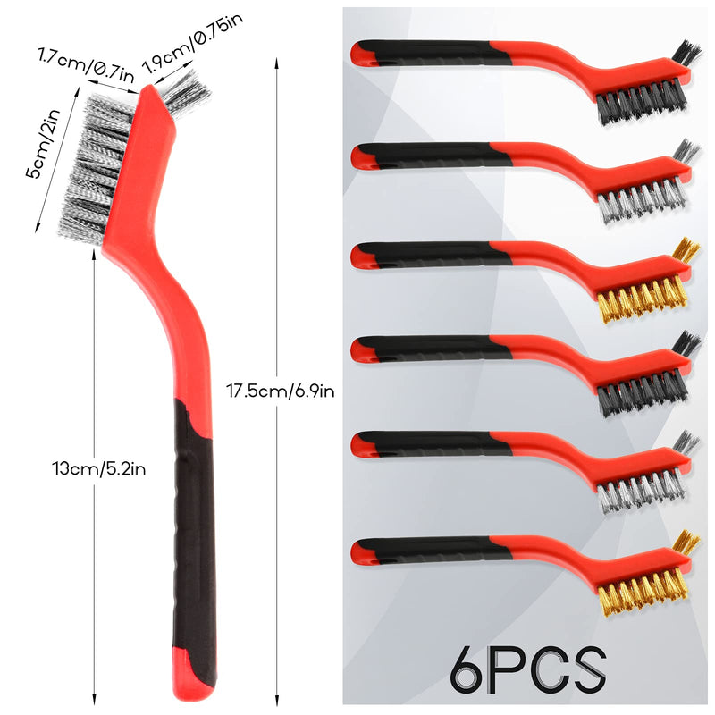 [Australia - AusPower] - Wire Brush Set, 6 Pcs Brass/Stainless Steel/Nylon Wire Brushes for Cleaning with Curved Handle Grip for Rust Removal, Dirt, Paint Scrubbing 