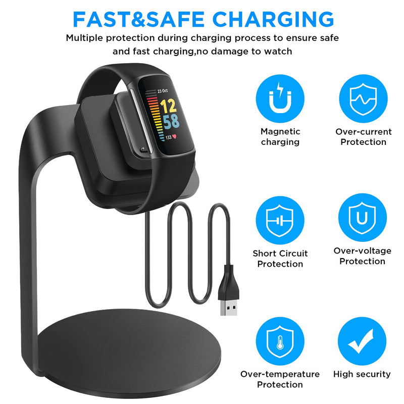 [Australia - AusPower] - Smart Watch Charger Dock Compatible with Fitbit Charge 5 / Luxe, Premium Aluminum Replacement Charging Cable Dock Station Base Cradle with 3.3ft USB Cord for Fitbit Charge 5 Smartwatch(Black) black 