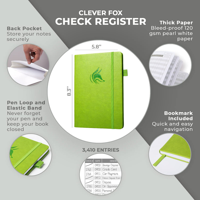[Australia - AusPower] - Clever Fox Check Register – Deluxe Checkbook Log with Check & Transaction Registers, Bank Account Register Booklets for Personal and Work Use, A5 Hardcover - Green A5 (5.8'' x 8.3'') 
