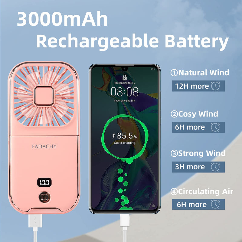 [Australia - AusPower] - Mini Fan Portable Handheld Fan Rechargeable Small Battery Operated Personal Fan all in 1 as Power Bank, Phone Holder, Hand Held Fan, Mini Desk Fan, Travel Fan, USB Fan, 3000 mAh, 4 Speed, Neck lanyard Pink 