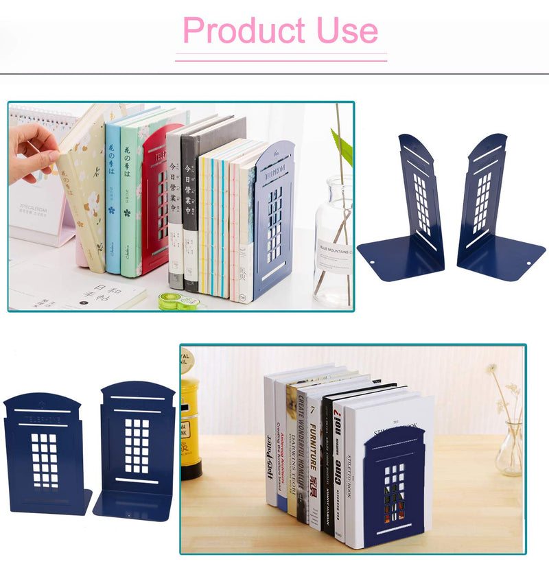[Australia - AusPower] - Bookends Blue, MerryNine 1 Pair Heavy Metal Non Skid Sturdy Telephone Booth Decorative Gift for Bookshelf Office School Library Blue_1 Pair 