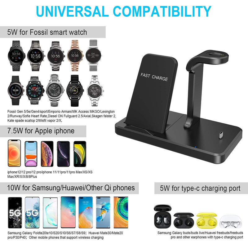 [Australia - AusPower] - Kartice Compatible with Fossil Gen 6 Charger Multiple Charger with Type C Charge Port 3 in 1 Wireless Charger Stand Station for Fossil Gen 5E/4/S22 Ultra/S22+/Buds Pro/Gen 5 Julianna Carlyle Charger 