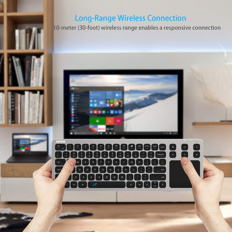 [Australia - AusPower] - Wireless Keyboard, Arteck 2.4G Wireless Touch TV Keyboard with Easy Media Control and Built-In Touchpad Mouse Solid Stainless Ultra Compact Full Size Keyboard for TV-Connected Computer, Smart TV, HTPC 