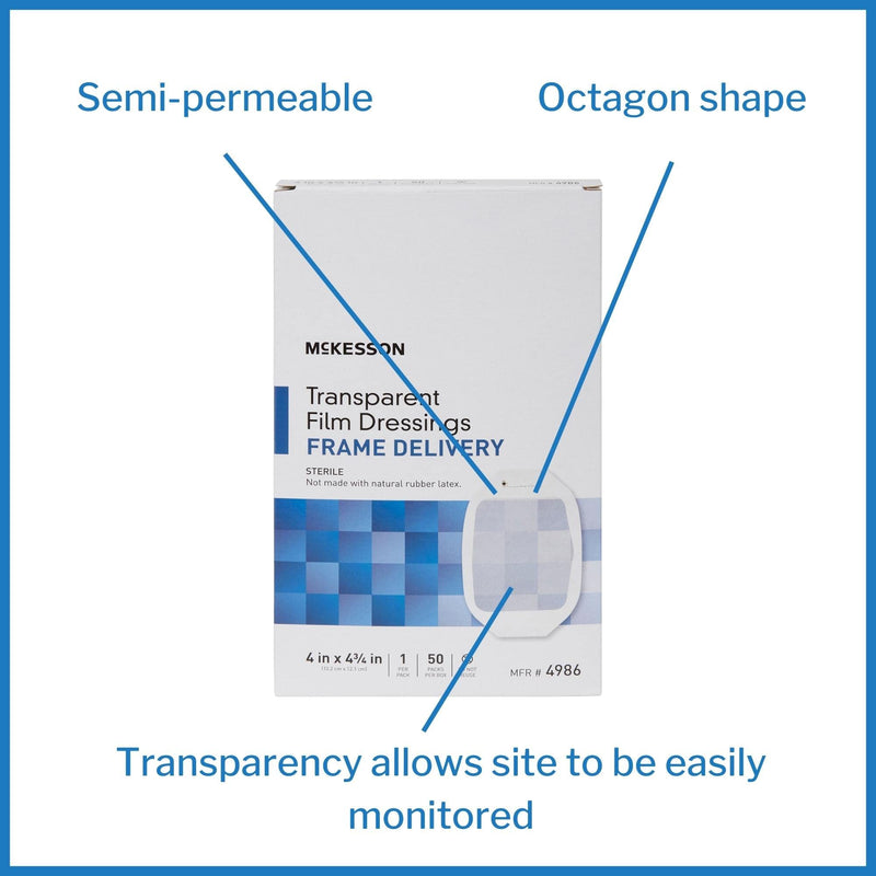 [Australia - AusPower] - McKesson Transparent Film Dressing, Sterile, Frame Delivery, 4 in x 4 3/4 in, 50 Count, 1 Pack 