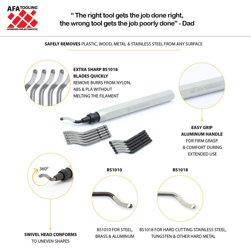 [Australia - AusPower] - AFA Tooling - Deburring Tool Kit with 11 HSS Blades (5 BS1010, 5BS1018) for Multi Use Application | Edge Burr Removal for Copper Pipes, 3D Printing Plastics, Resin Art, and Metal Work Tool w/ 11 Blades 