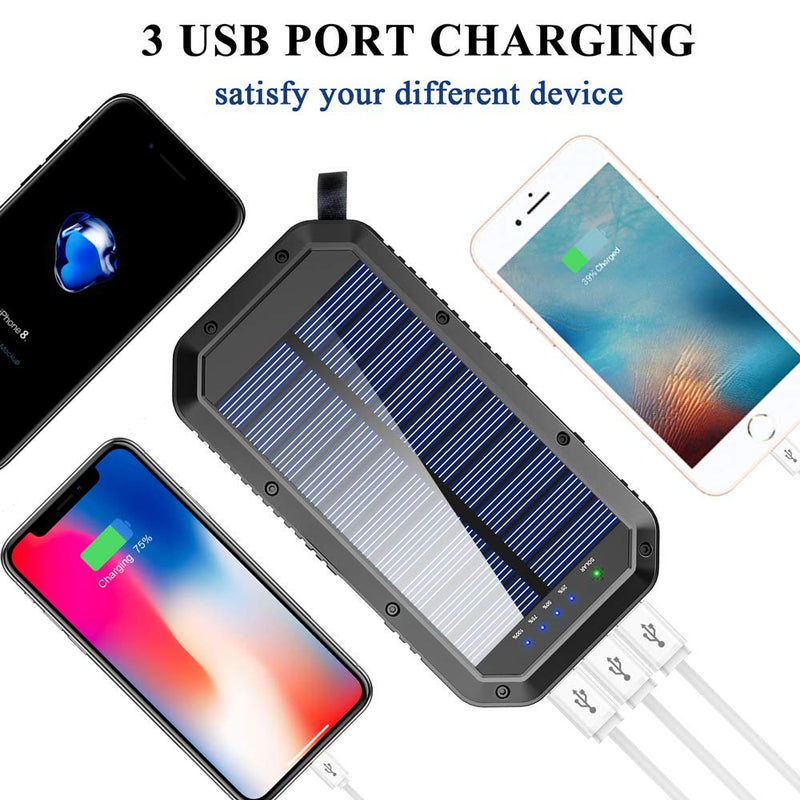 [Australia - AusPower] - Solar Charger Power Bank, 36 LEDs Portable Emergency Charger with 3 Outputs and 1.5W Solar Panel, 25000mAh External Battery Pack Waterproof for Camping Accessories Compatible with Smartphones, Tablets 
