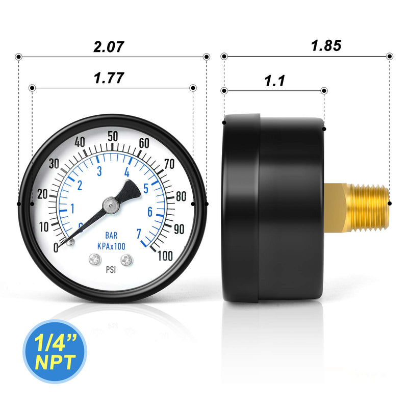 [Australia - AusPower] - MEANLIN MEASURE 0-100Psi 2" DIAL FACE 1/4"NPT Well Pump Pressure Gauge with 1/2"NPT and 3/8"NPT Adaptor, 3-2-3% Accuracy，Center Back Mount 1/4"NPT Back Mount 