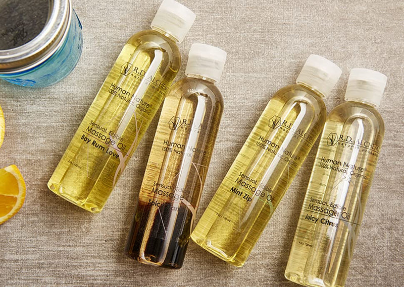 [Australia - AusPower] - RD Alchemy - 100% Natural & Organic Edible Massage Oil Sample Pack. Contains All 4 Flavors - Bay Rum Love, Juicy Citrus, Spicy Vanilla, Mint Zip for Soothing Massage, Bath & Body Oil. 2 Ounce (Pack of 4) 