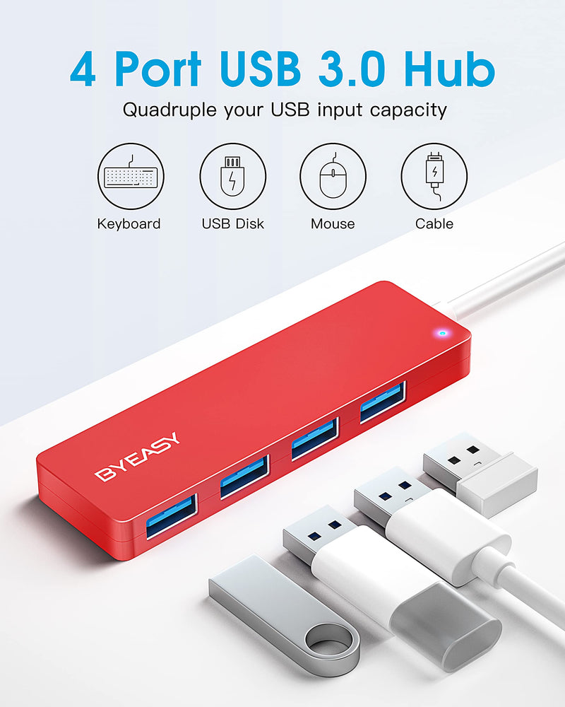 [Australia - AusPower] - USB Hub, BYEASY 4 Port USB 3.0 Hub, Ultra Slim Portable Data Hub Applicable for iMac Pro, MacBook Air, Mac Mini/Pro, Surface Pro, Notebook PC, Laptop, USB Flash Drives, Tesla Model 3 and Mobile HDD 0.8ft Red 