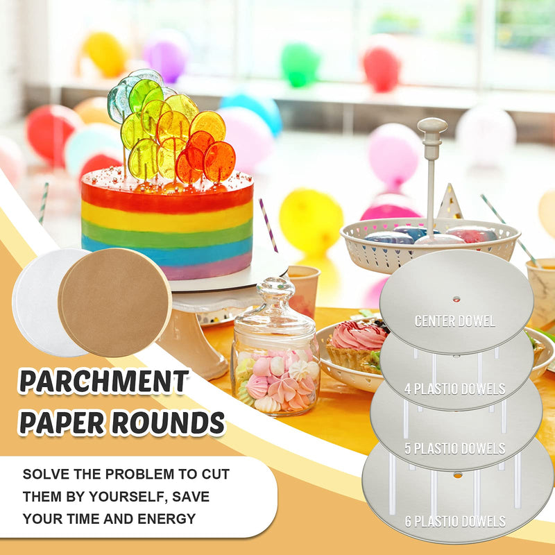 [Australia - AusPower] - 112 Pieces Cake Board Kit Sturdy Round Cake Board 4 Inch, 6 Inch, 8 Inch, 10 Inch with Parchment Paper Round and Plastic Cake Dowel Rod Cake Separator Plate for Tiered Cake for Party Wedding Birthday 