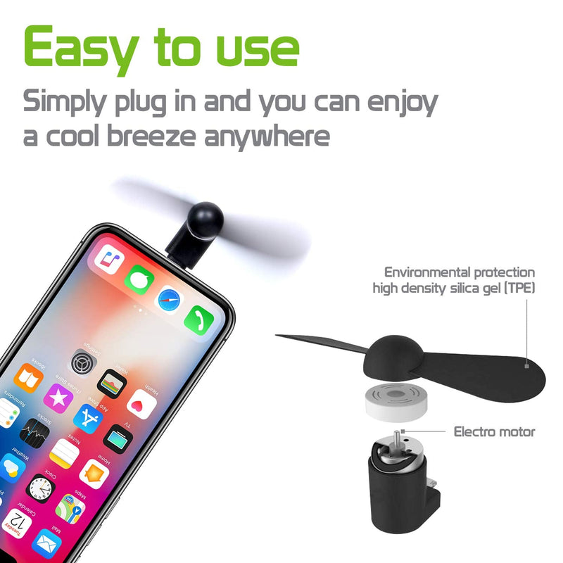 [Australia - AusPower] - Cellet Mini Portable USB Fan Compatible with Apple iPhone 12 Pro Max mini 11 Max XS Max Xr X 8 7 6 5 and All Other Lighting Port - Black 
