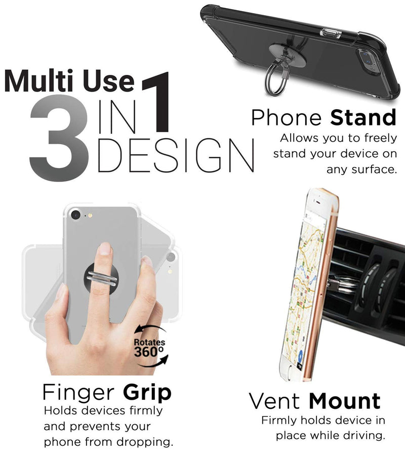 [Australia - AusPower] - Aduro Phone Ring Holder [3-in-1] - Phone Ring, Phone Stand, Phone Car Vent Mount, Finger Grip Phone Holder for All iPhone, Samsung Galaxy (Black) Black 