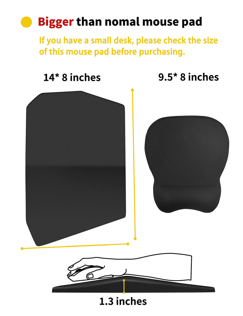 [Australia - AusPower] - SOUNDANCE Ergonomic Mouse Pad with Wrist Rest Support, Thick Mousepad Relief Carpal Tunnel Pain, Entire Memory Foam with Non-Slip PU Gel Base for Computer Laptop Desktop Home Office, 14 x 8 Inch Black A-Black 