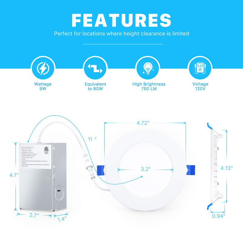 [Australia - AusPower] - Ensenior 1 Pack 4 Inch Ultra-Thin LED Recessed Ceiling Light with Junction Box, 2700K Soft White, 9W 75W Eqv, Dimmable Can-Killer Downlight, 750LM High Brightness - ETL and Energy Star Certified 2700k - Soft White 
