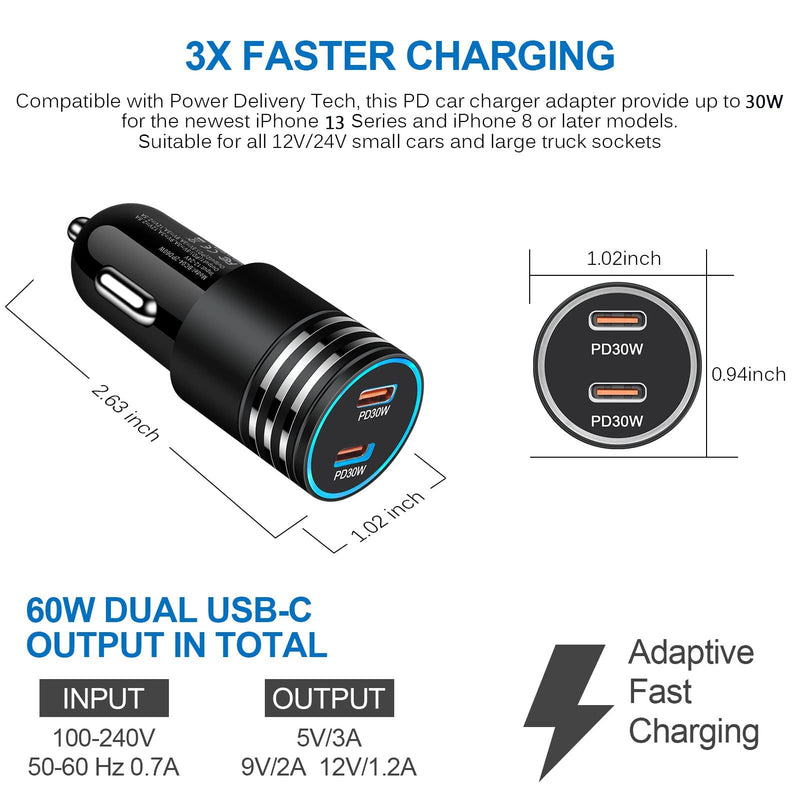 [Australia - AusPower] - USB C Car Charger Adapter, 2Pack 60W Dual Port PD 3.0 Type C iPhone Car Fast Charger for iPhone 13/13 Pro Max/13 Mini/12 11 Pro Max/SE/XR/XS,Samsung S22 S21 S20 A13 A12,Google Pixel 6 Pro 5 4a 3a 3XL Black 
