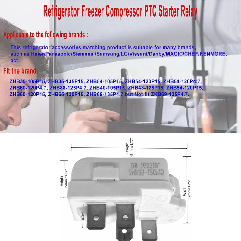 [Australia - AusPower] - 4Pin Refrigerator Over Load Protector Compressor PTC Starter Relay For Replace ZHB88-125P4.7 ZHB60-120P4.7 ZHB60-120P15 ZHB69-120P15 ZHB35-120P15 