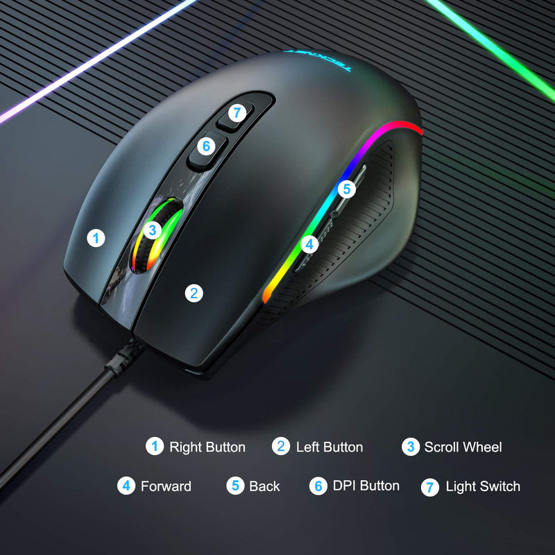 [Australia - AusPower] - Wired Gaming Mouse, RGB Mouse [Breathing RGB LED] , Gaming Mouse USB [Plug Play] , 7 Programmable Buttons, High-Precision Adjustable 6 DPI, Ergonomic Mouse Wired for Windows/PC/Mac/Laptop Gamer 