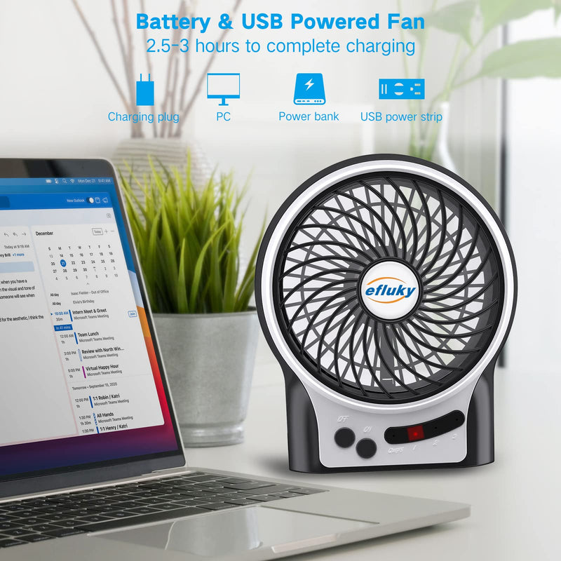 [Australia - AusPower] - efluky 3 Speeds Mini Desk Fan, Rechargeable Battery Operated Fan with LED Light and 2200mAh Battery, Portable USB Fan Quiet for Home, Office, Travel, Camping, Outdoor, Indoor Fan, 4.9-Inch, Black 
