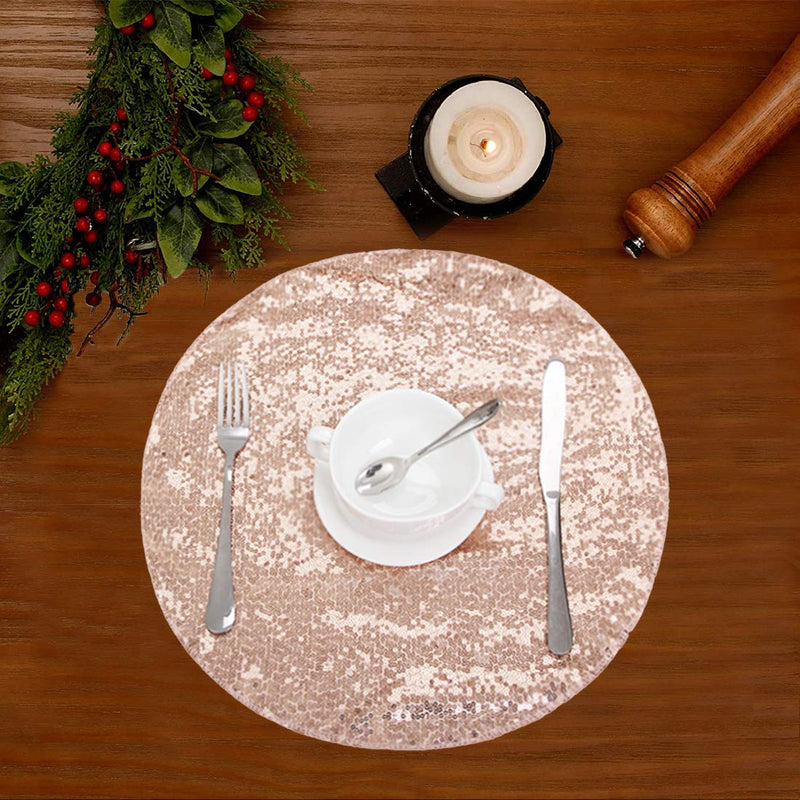 [Australia - AusPower] - Sequin Placemats Set of 6, Heat-Resistant Dining Table Mats, Stain-Resistant Kitchen Table Placemats, Elegant Sparkle Placemat for Party Wedding Accent Centerpiece Decoration(Rose Gold, 15" Round) 15"R-6pcs Rose Gold 