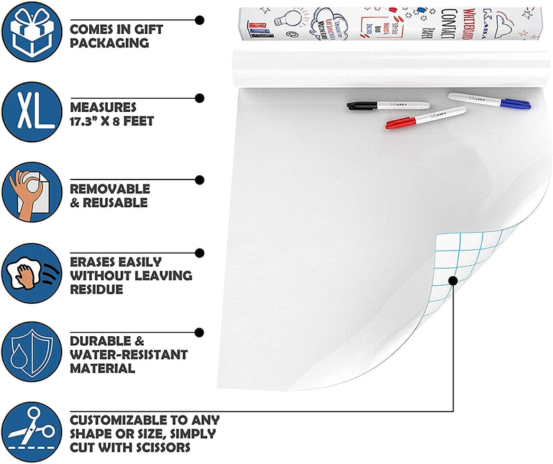 [Australia - AusPower] - Kassa Large Whiteboard Wall Sticker Roll - 17.3" x 96” (8 Feet) - 3 Dry Erase Board Markers Included - Adhesive White Board Wallpaper for Fridge, Office & Kids Room - Peel and Stick Paper Decal 