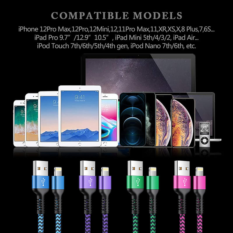 [Australia - AusPower] - iPhone Charger Cable Cord 6ft Braided Charging Apple Original Nylon USB Cords fast charge Wire for iPhone 13 12 11 Pro Max Mini SE X 8 7 6s Plus, iPad, Long Cables Power Adapter Cargador 6 foot -4Pack 4Pack- Blue, Purple, Pink, Green 