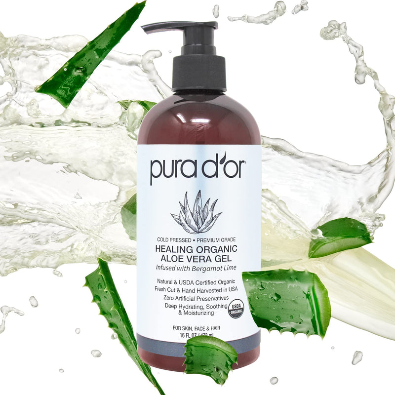 [Australia - AusPower] - PURA D'OR Organic Aloe Vera Gel Bergamot Lime (16oz) All Natural - ZERO Artificial Preservatives - Deeply Hydrating & Moisturizing - Sunburn, Bug Bites, Rashes, Small Cuts, Eczema Relief - Skin & Hair 