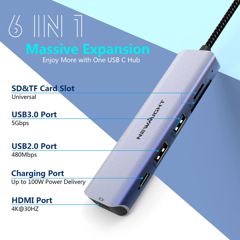 [Australia - AusPower] - USB C Hub USB-C to HDMI Adapter - Newmight 6 in 1 USB C Docking Station with 100W Power Delivery HDMI 4K@30HZ USB3.0 Fast Data Transfer SD/TF Card Reader, for MacBook and Other Type C Devices 