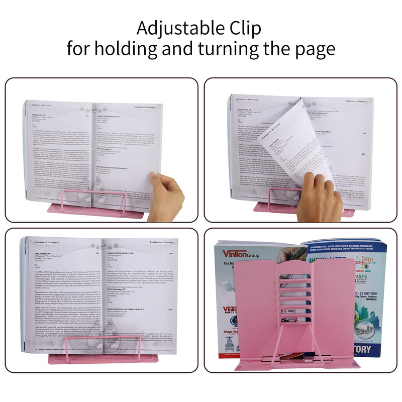 [Australia - AusPower] - Blizzow Desk Book Stand Holders for Reading Hands Free, Durable Metal Adjustable Book Stand, Sturdy Lightweight Foldable Portable Bookstand -Cookbook, Recipe, Tablet, Music Book, Documents (Pink) Pink 