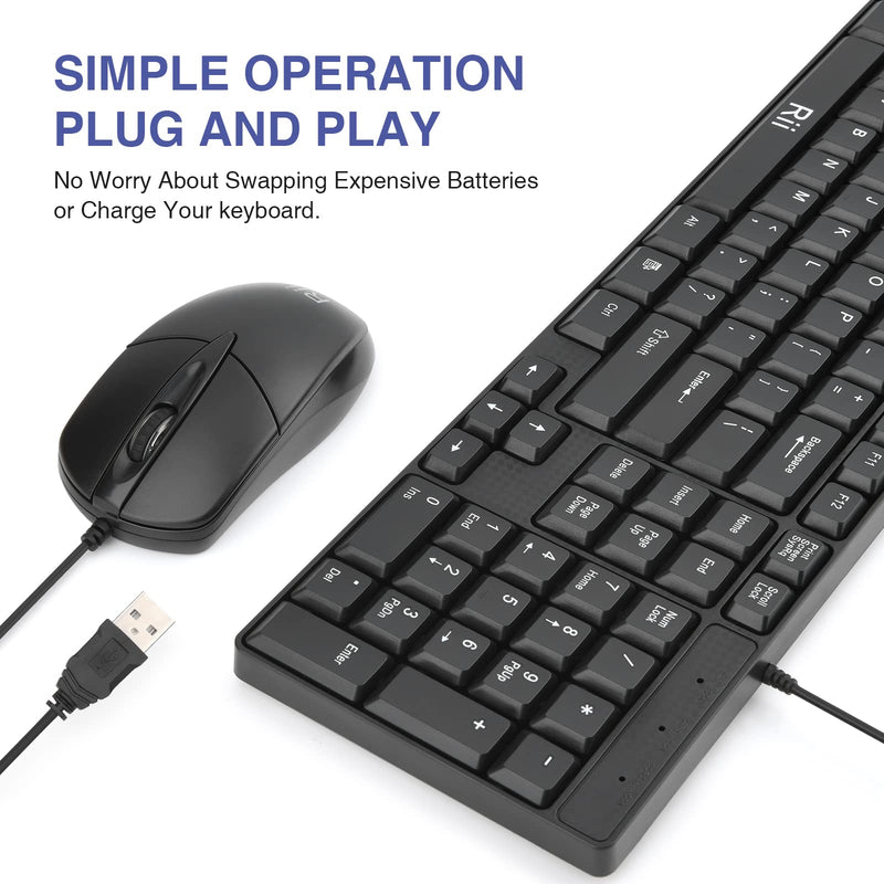 [Australia - AusPower] - Basic Keyboard and Mouse,Rii RK203 Ultra Full Size Slim USB Basic Wired Mouse and Keyboard Combo Set with Number Pad for Computer,Laptop,PC,Notebook,Windows and School Work(1 Pack) 1 PACK 