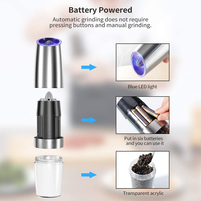[Australia - AusPower] - Electric Gravity Pepper Grinder set of 2, Automatic Salt and Pepper Mill Grinder, Adjustable Roughness, Battery Powered, Blue LED Light, Stainless Steel with One Hand Operation (Sliver 2 pack) Silver 2X 