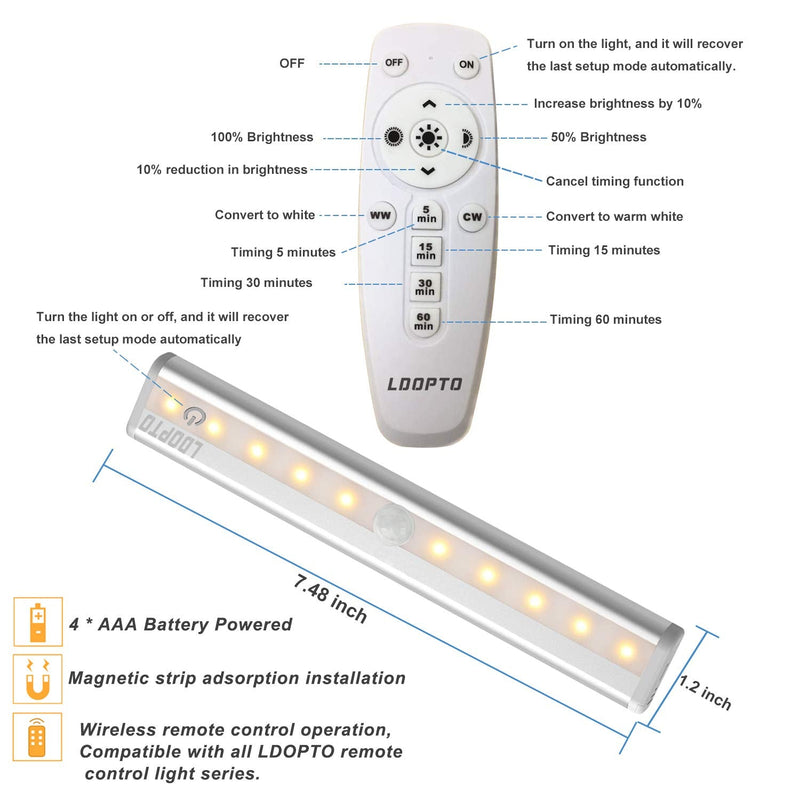 [Australia - AusPower] - Under Cabinet Lights Wireless LDOPTO Battery Operated Lights with Remote Control LED Closet Lights Counter Wall lights without wiring with Remote for Kitchen Shelf Hallway, Multiple Colors 2 Pack 