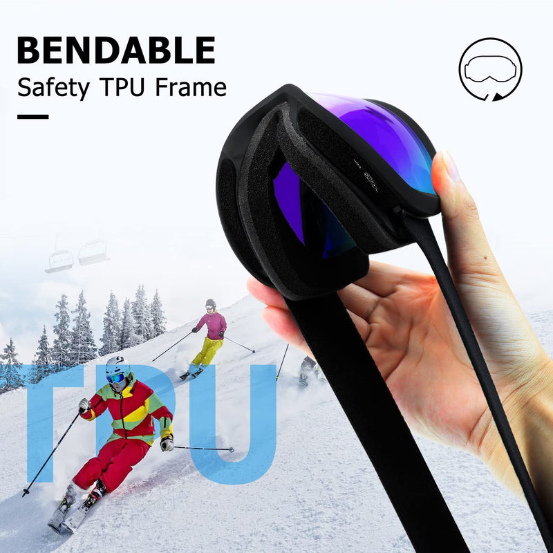 [Australia - AusPower] - AVV OTG Ski Goggles for Men Women With Anti-Fog Dual Layer lens, UV400 Snow Goggle for Snowboarding Snowmobiling Skating Black&grey Colorful Green Lens 