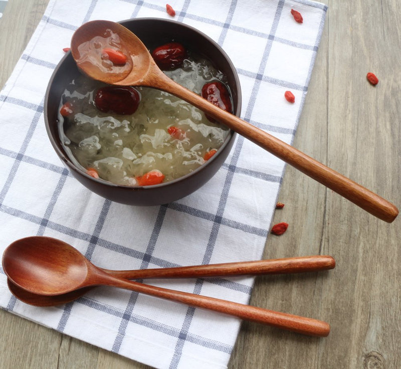 [Australia - AusPower] - Wooden Spoons, 6 Pieces 9 Inch Wood Soup Spoons for Eating Mixing Stirring, Long Handle Spoon with Japanese Style Kitchen Utensil, ADLORYEA Eco Friendly Table Spoon Brown 