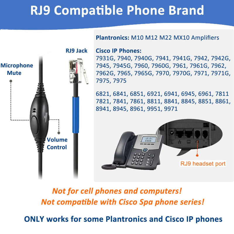 [Australia - AusPower] - Callez Cisco Phone Headset with Microphone Mute Switch, Corded RJ9 Telephone Headset for Cisco Office Landline Phones 6941 7811 7841 7941 7942 7945 7962 7965 7975 8841 8845 8851 8861 Plantronics M12 