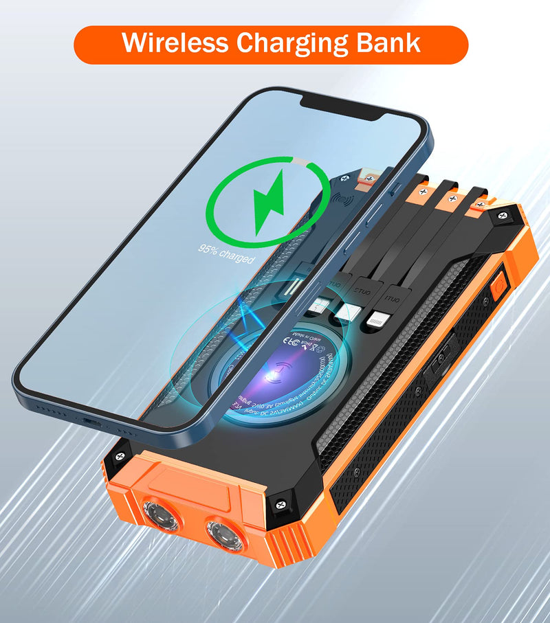 [Australia - AusPower] - Solar Power Bank 36000mAh Built-in 4 Cables Qi Wireless Charger with Dual LED Flashlight Solar Portable External Battery IPX4 Waterproof 15W 5V/3A USB C Port Six Outputs Three Inputs(Orange) Orange 