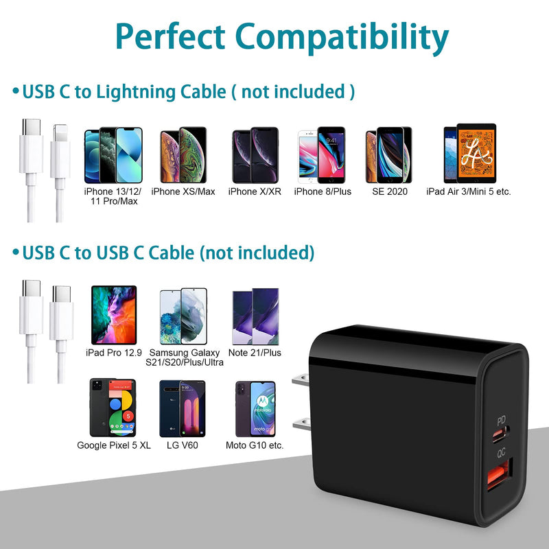 [Australia - AusPower] - USB C Power Adapter Fast Wall Charger Box for iPhone 13 12 11 Pro Max SE XR XS 8, 20W Dual USB Charging Cube Type C Block PD & QC Port Charger Plug USB A Brick for Google Pixel 6 Pro 5XL 4 4A 4XL 3A 2 