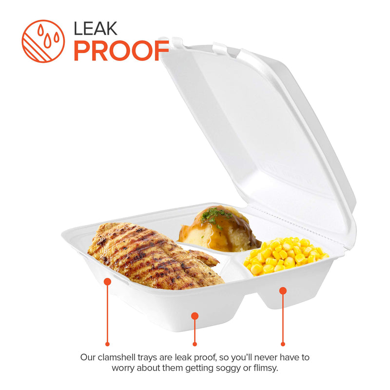 [Australia - AusPower] - Stock Your Home 9 Inch Clamshell Styrofoam Containers (25 Count) - 3 Compartment Food Containers - Large Carry Out Container for Food - Clamshell Take Out Containers for Delivery, Takeout, Restaurants 