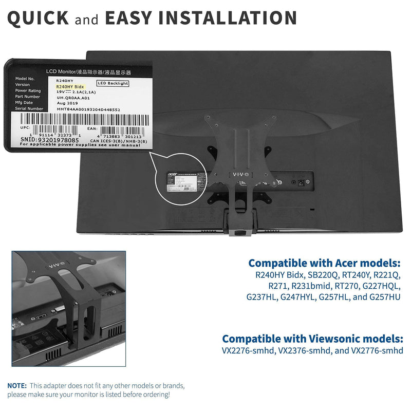 [Australia - AusPower] - VIVO Quick Attach VESA Adapter Designed for Acer and Viewsonic Monitors Including R240HY bidx, SB220Q, RT240Y, R221Q, RT270, G227HQL, VX2276-smhd, & More w/ Single Monitor Mount for Screens up to 22lb 