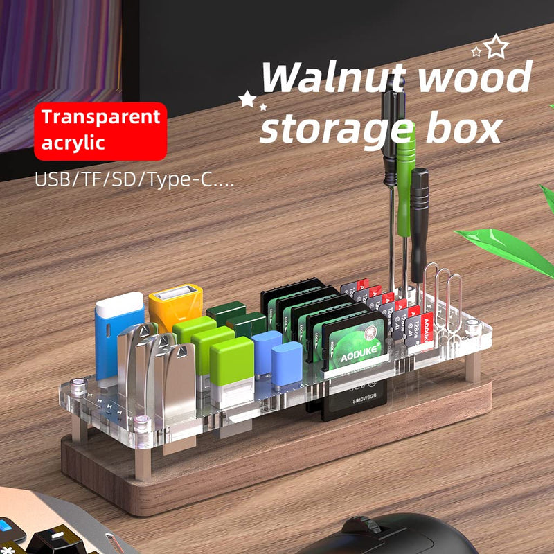 [Australia - AusPower] - FEIFANZHE Wooden Memory TF SD Card Case and USB Drive / SD Card Holder Desk,Micro SD Card Case,Memory Card Case, Bolt Driver and Sim Card Tray Pin Ejector Case-02MY pure walnut wood + transparent acrylic 