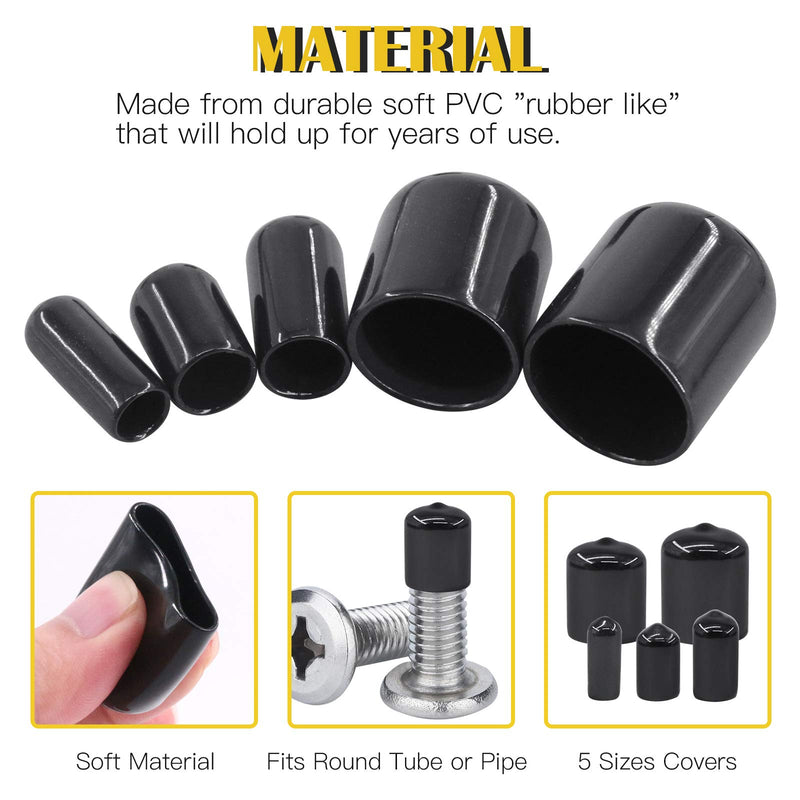 [Australia - AusPower] - Mardatt 48Pcs 5 Sizes Black Rubber Bolt Screw Thread Protector Cover Vinyl End Caps for Pipe Post Hose Assortment Kit Fit O.D. from 1/4 inch to 7/8 inch 