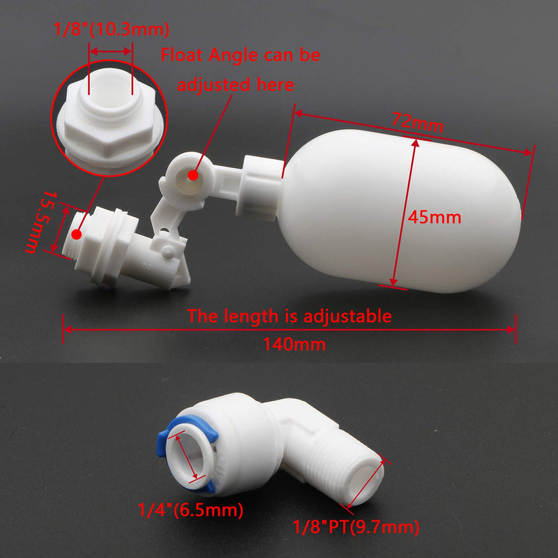 [Australia - AusPower] - Pxyelec 2pcs Water Filter Float Ball Valve with 1/4 inch Quick Connect Push in to Connect Tube Fittings, Adjustable Plastic Float Valve for Aquarium Water Purifiers Reverse Osmosis System ( White ) 