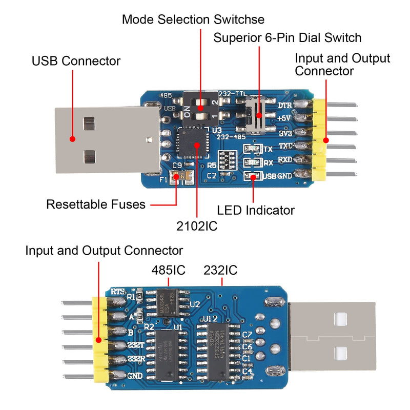 [Australia - AusPower] - 5Pcs USB-UART 6-in-1 Multifunctional Converter USB-TTL/RS485/232,TTL-RS232/485,232 to 485 Serial Adapter 3.3V / 5V Universal Adapter Module with CP2102 