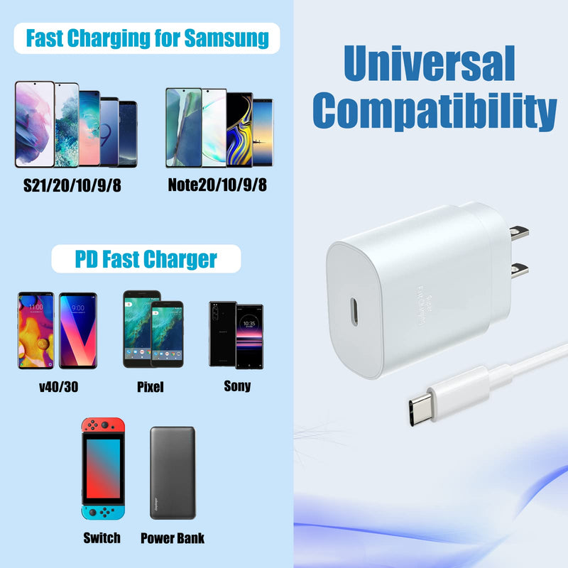 [Australia - AusPower] - Super Fast Type C Charger Kit, Excgood 25W USB C Charger Block with 2 Type C to C Cable (6.6ft+1.5ft) for Samsung Galaxy S22/S21 Ultra/S20 FE, Note 10+/20,A80/A70,Pixel 5/4/3XL and Tablets, White 