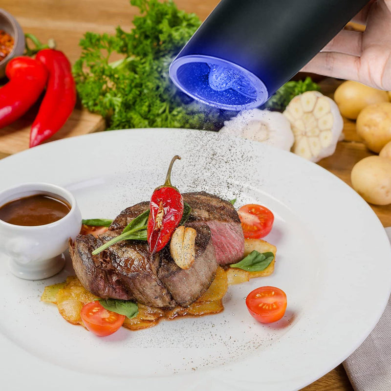 [Australia - AusPower] - 2 Pack Gravity Electric Salt and Pepper Grinder Set Automatic Battery Powered Salt Mill, Adjustable Coarseness, with Blue LED Light, One Hand Operated Black 2X 