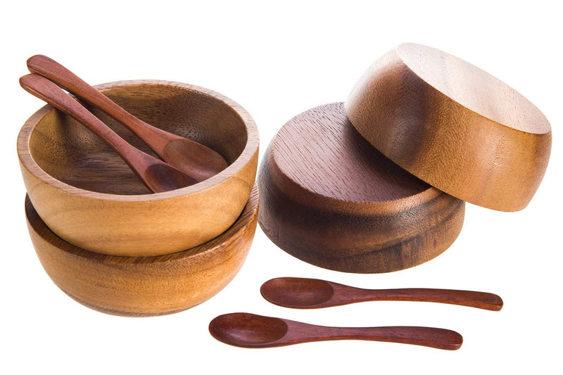 [Australia - AusPower] - BestySuperStore 3.75" mini Acacia Wood Bowl in small size for Condiments, Dip Sauce, Nuts, Candy, Fruits, Appetizer, and Snacks, Dia 3.75"x 1.5 H - Set of 4 (FREE 4 Wood Spoons) 