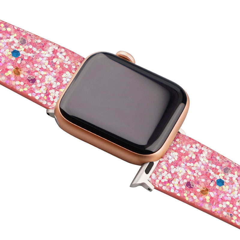 [Australia - AusPower] - Moonooda Glitter Watch Band Compatible with Apple Watch bands 38mm 40mm 42mm 44mm, Women Bling Leather Colorful Wristband Shining Strap Replacement for Apple iWatch Series 6 5 4 3 2 1 SE and Sport Luminous Pink 38mm/40mm 