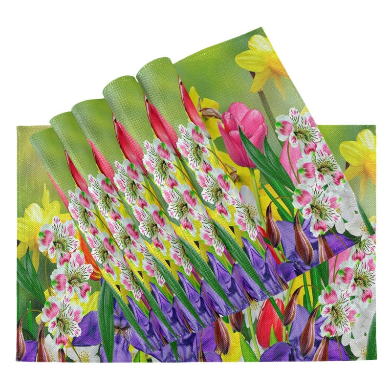 [Australia - AusPower] - Vdsrup Spring Tulips Flowers Placemats Set of 4 Summer Daffodils Daisy Florals Table Mats Burlap Placemat Washable Non-Slip Heat Resistant Place Mats for Party Kitchen Dining Decorations 12 X 18 Inch 4PCS 