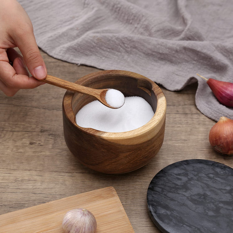[Australia - AusPower] - KITCHENDAO Large Wood Salt Cellar Box with Built-in Spoon and Marble Lid, Solid Natural Acacia Base, Grey Marble Lid, Pepper Sealer Pinch Bowl, Mother's Day Gift for Mom Grandma, 10oz Capacity Gray 