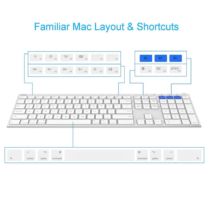 [Australia - AusPower] - Arteck Bluetooth Keyboard for Mac iPad Multi-Device Stainless Steel Full Size Wireless Keyboard Compatible with iPad, iMac, Mac Mini, MacBook, iPhone, Mac OS, iOS, Built-in Rechargeable Battery 