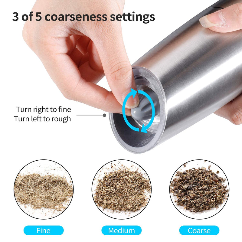[Australia - AusPower] - Electric Gravity Pepper Grinder set of 2, Automatic Salt and Pepper Mill Grinder, Adjustable Roughness, Battery Powered, Blue LED Light, Stainless Steel with One Hand Operation (Sliver 2 pack) Silver 2X 